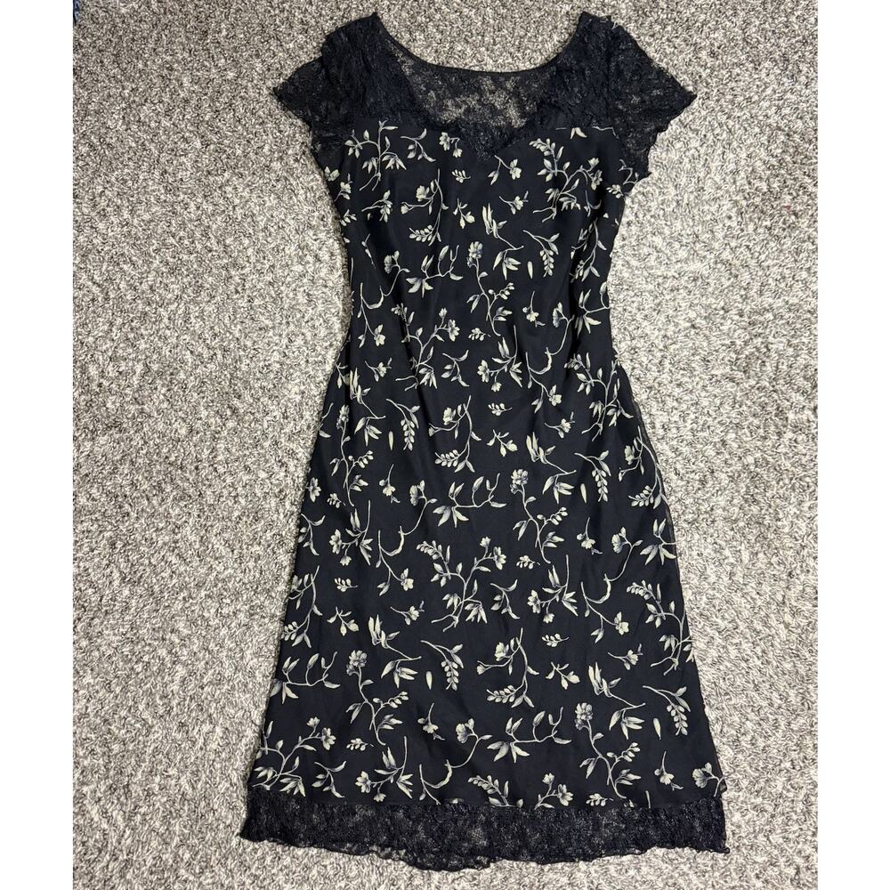 Y2K VTG Robbie Bee Black Floral Midi Dress Ethereal Fairy Lace Details Dainty S